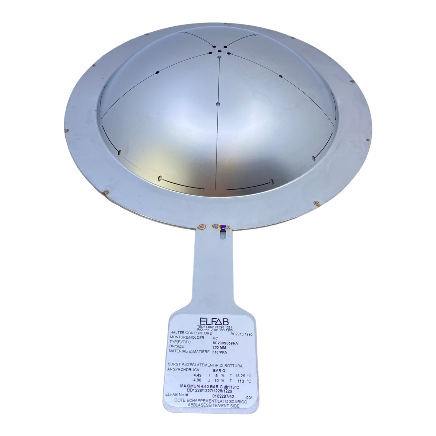 Elfab SC200SS58HA Slotted Rupture Disc 200mm 3.00 BarG