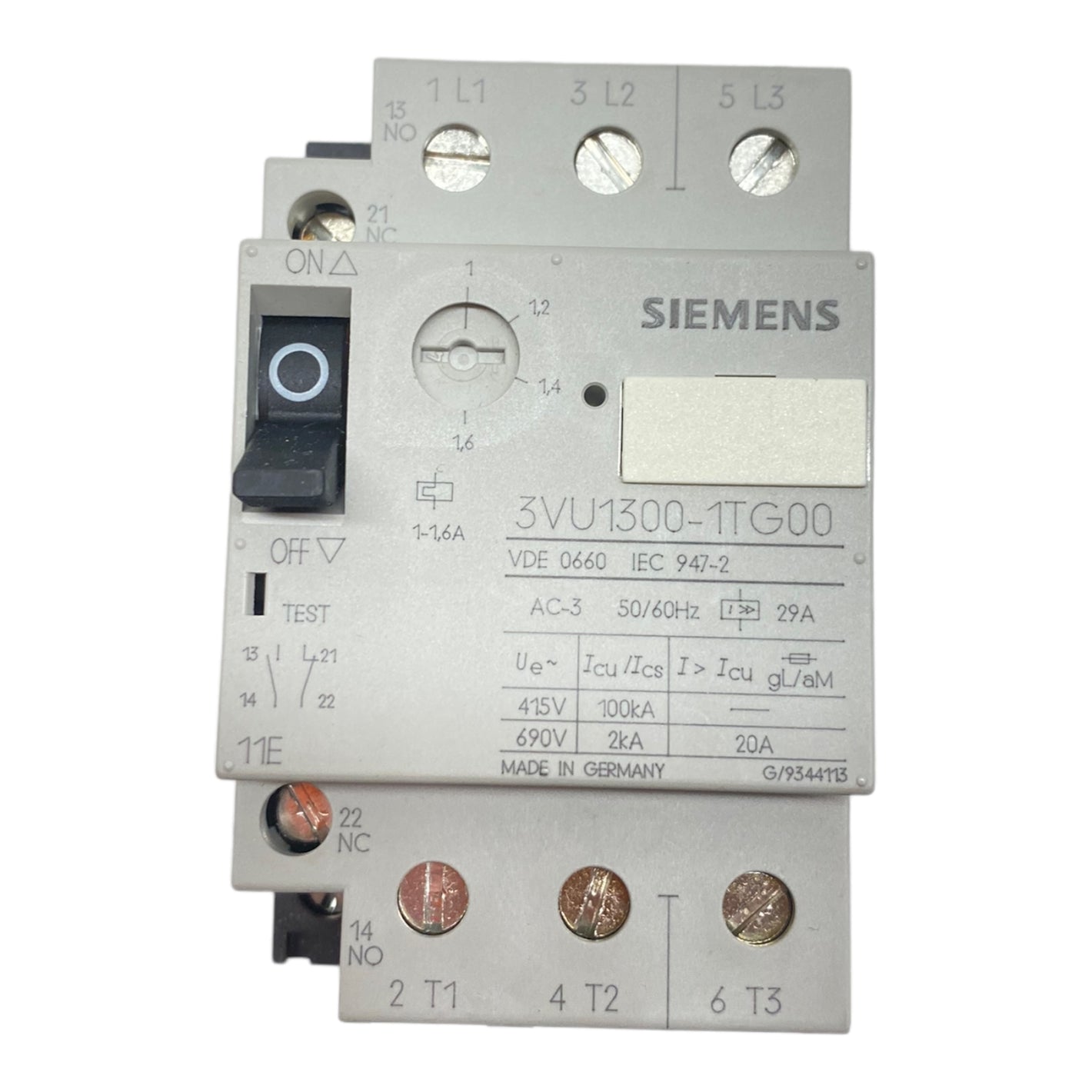 Siemens 3VU1300-1TG00 Leistungsschalter 50/60Hz 1 - 1,6A 415V 1NO+1NC