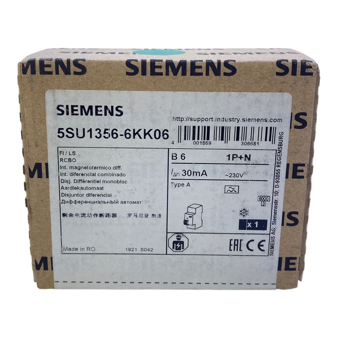 Siemens 5SU1356-6KK06 switch 30mA 230V 50Hz 1P+N 2-pole