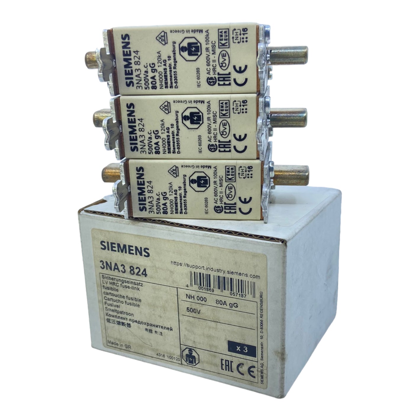 Siemens 3NA3824 fuse link 80A 500V AC 250V AC PU: 3 