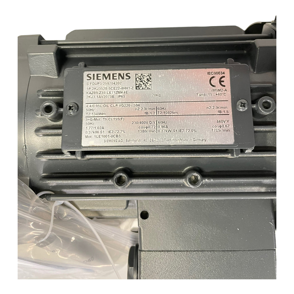 Siemens 2KJ3528-5CE22-4HH1-Z Getriebemotor 230/400V 50Hz 0,37kW 460V 60Hz IP65