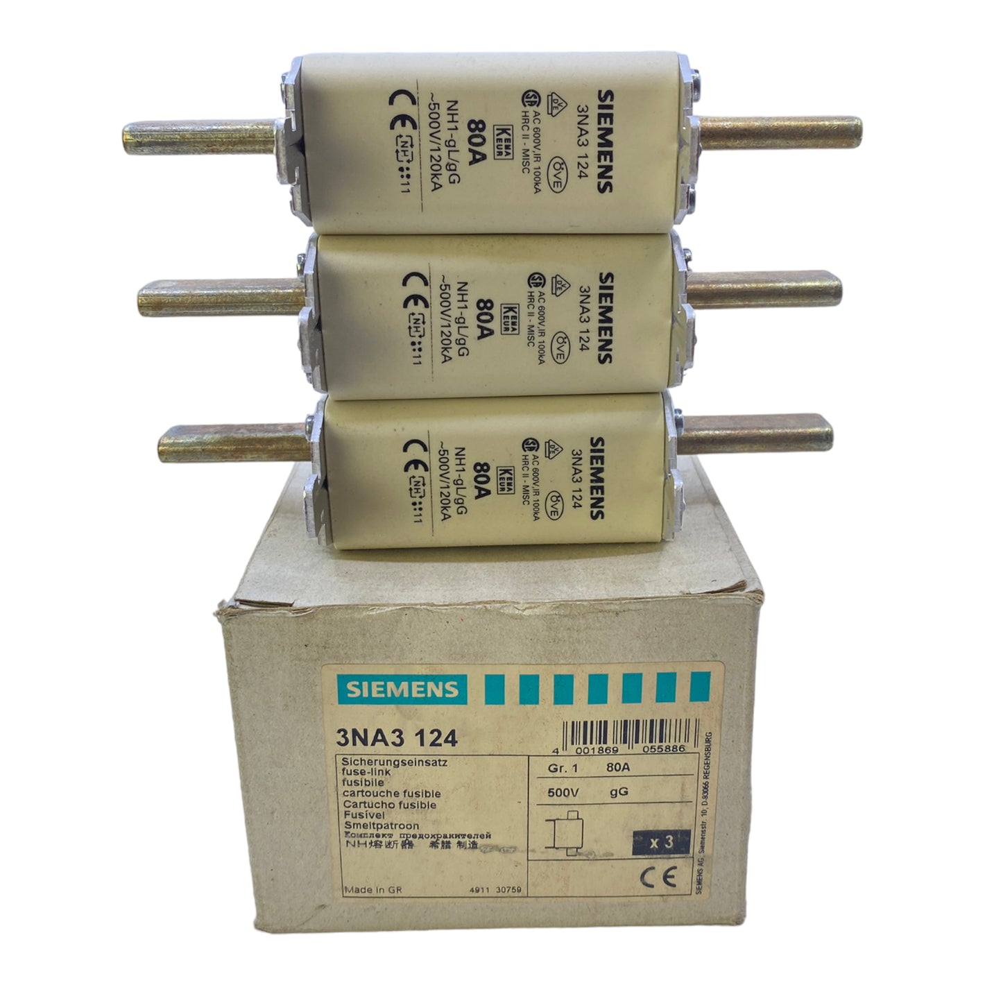 Siemens 3NA3124 NH-Sicherung 500V AC 80A VE: 3stk