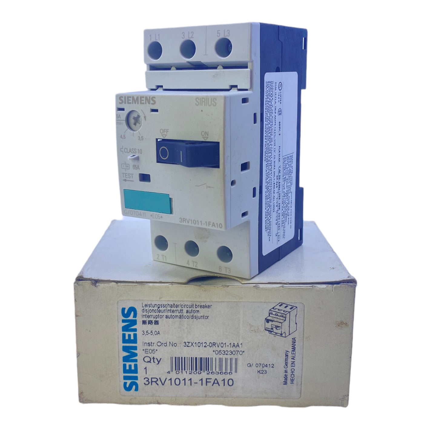 Siemens 3RV1011-1FA10 circuit breaker 690V AC 3.5-5A 3-pole 