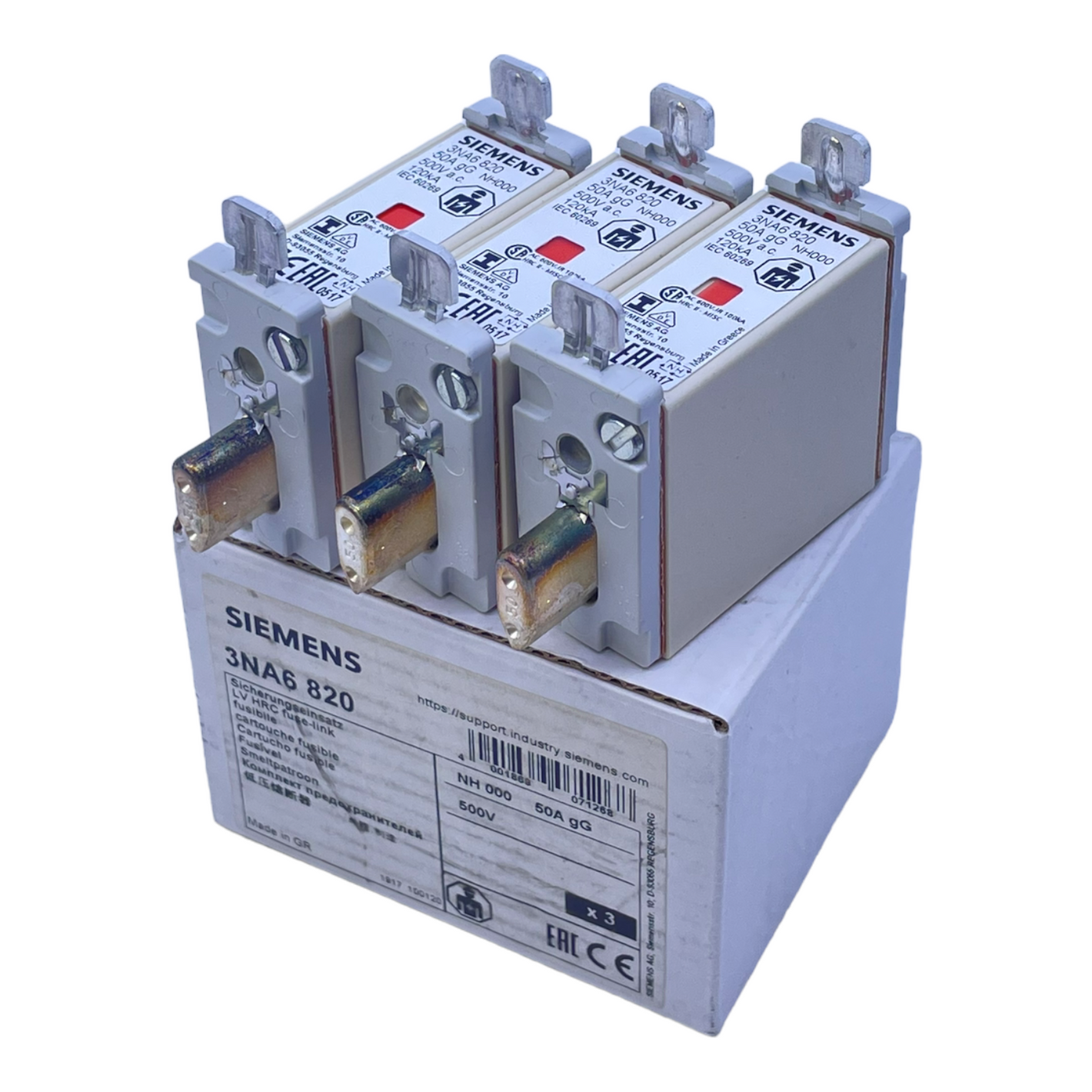 Siemens 3NA6820 50A-gG NH fuse set 50A 500V AC 120kA PU:3pcs