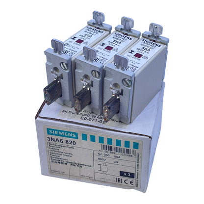 Siemens 3NA6820 NH000-gG 50A NH-Sicherungssatz 50A 500V AC 120kA VE:3stk