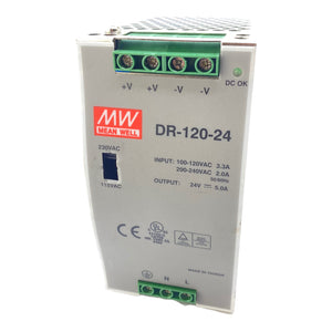 Mean-Well DR-120-24 power supply DIN rail 132V ac 24V dc 1-channel output 5A 