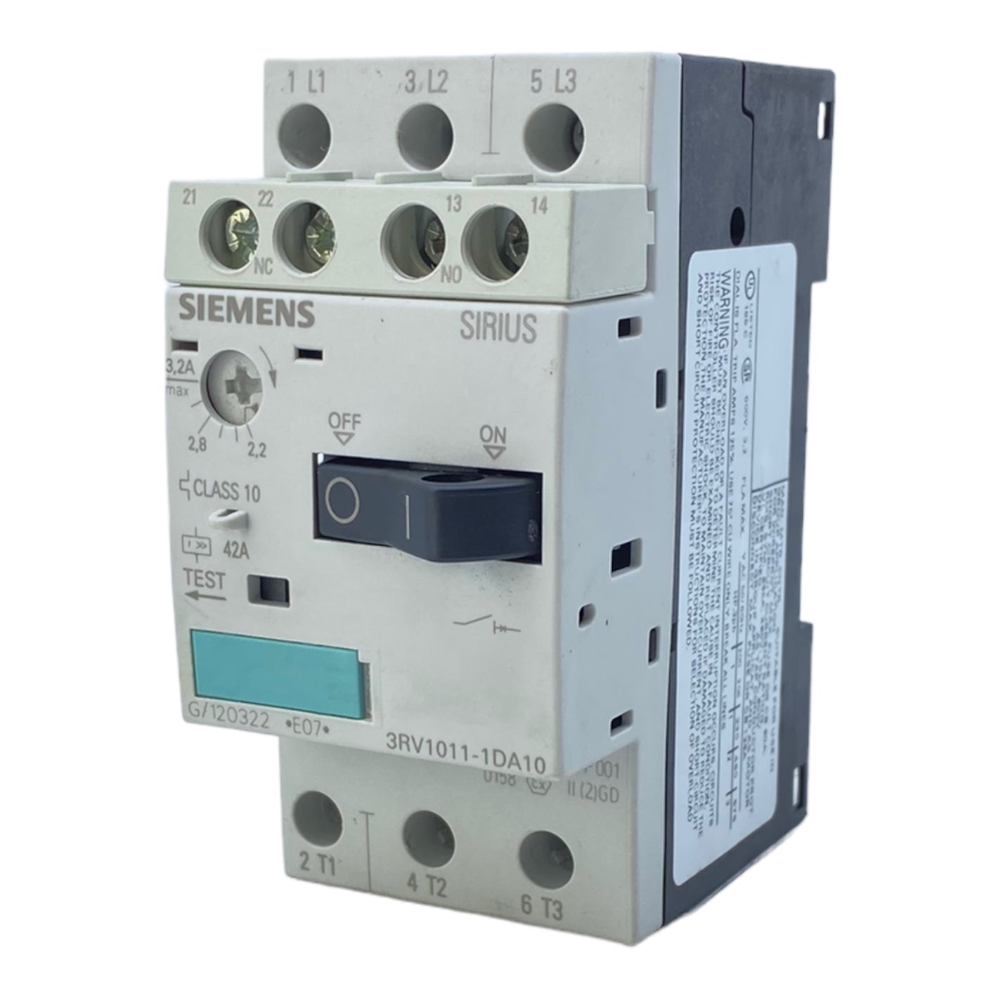 Siemens 3RV1011-1DA10 Motorschutzschalter 2,2 → 3,2 A Sirius Innovation 3RV1