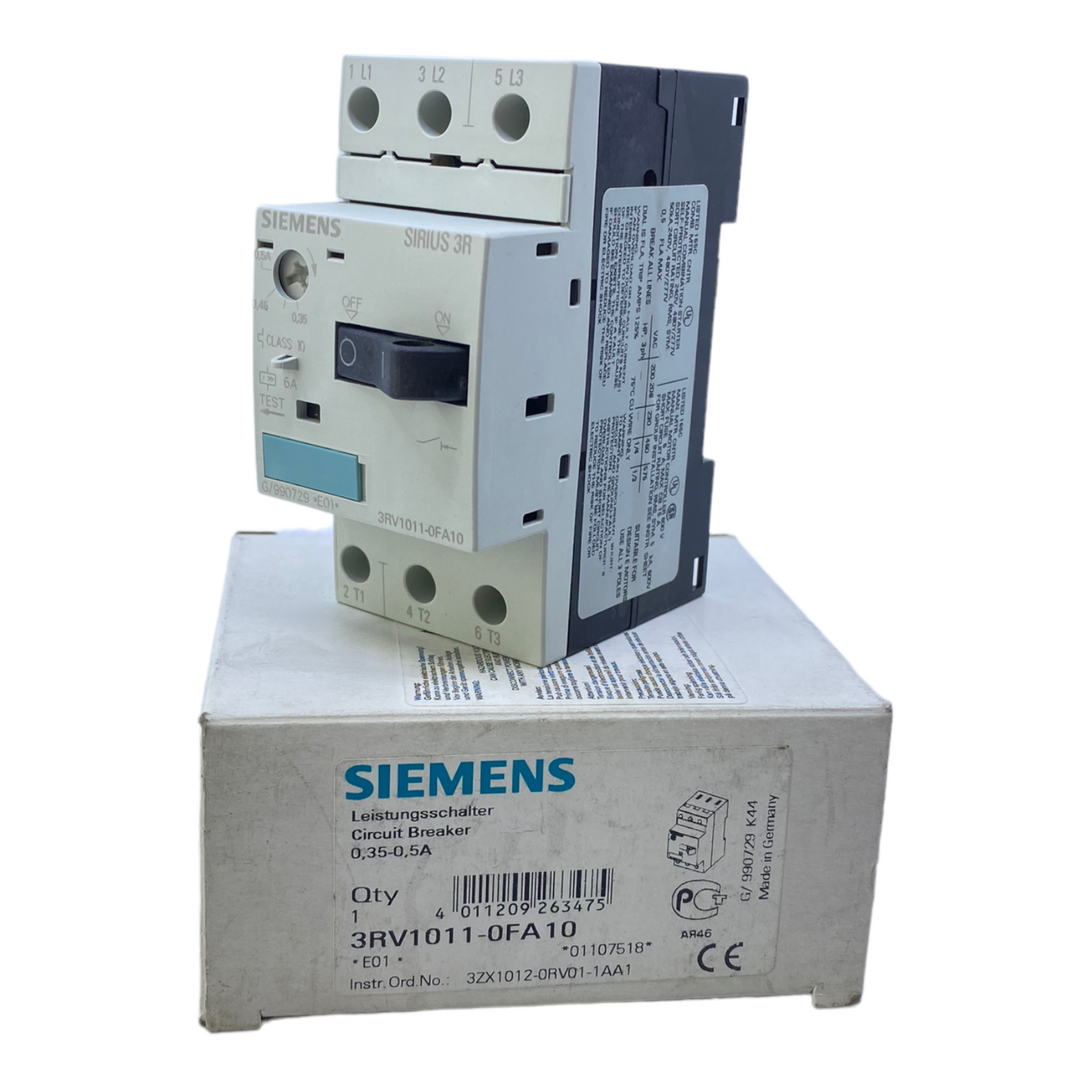 Siemens 3RV1011-0FA10 circuit breaker 0.35-0.5A 400V 50/60 Hz 