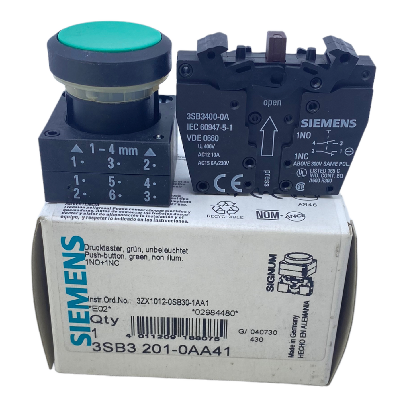Siemens 3SB3201-0AA41 Drucktaster 400V AC12 10A AC15 6A 230V