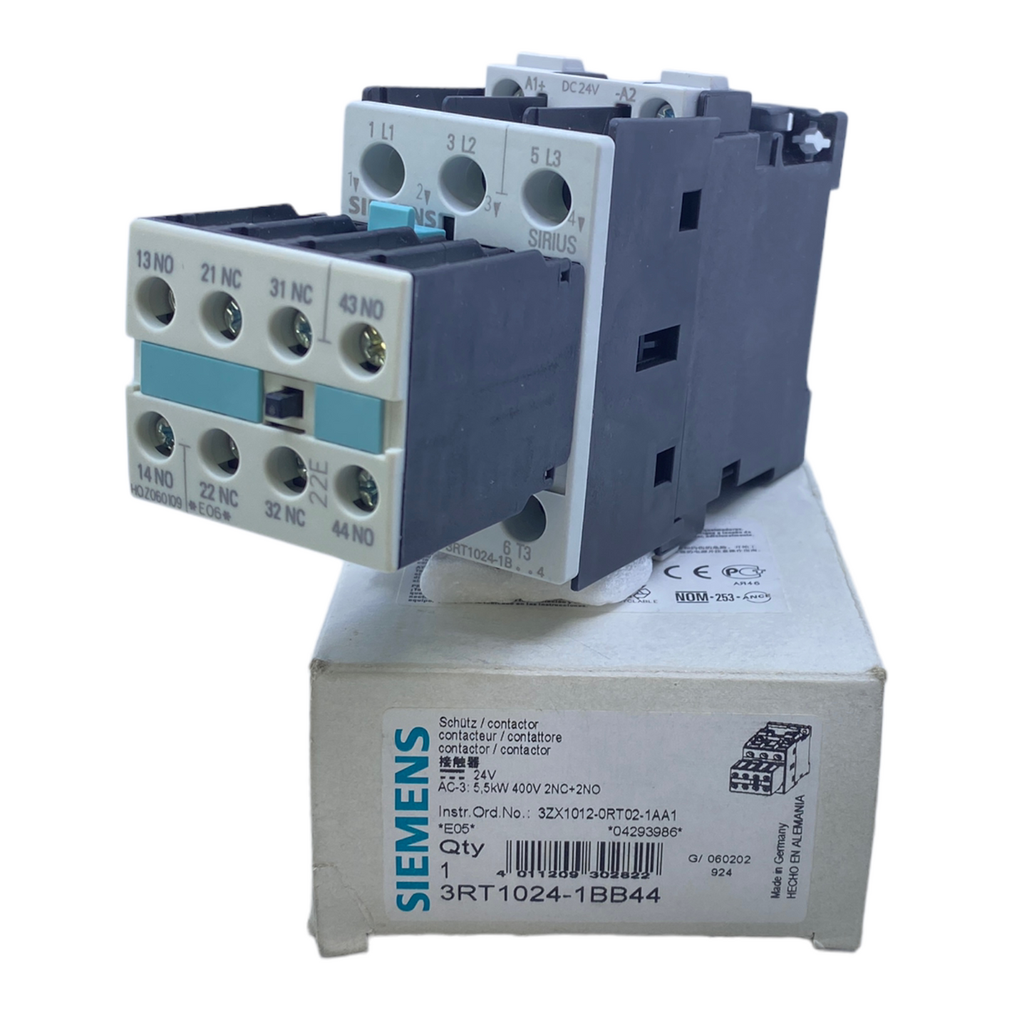 Siemens 3RT1024-1BB44 Schütz 12A 5,5 kW 400V 24V DC 3-polig 2S+2Ö