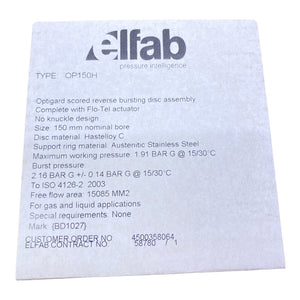 Elfab OP150H Rupture Disc 150mm 1.91/2.16 BarG