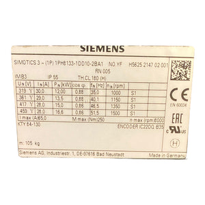 Siemens Servomotor 12kW Simotics 1PH8133-1DD10-2BA1 für industriellen Einsatz